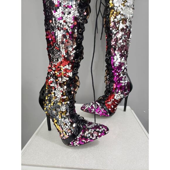 GORGEOUS Chase + Chloe Over Knee‎ Sequin Lace Front Boots Size 10 - Picture 5 of 10